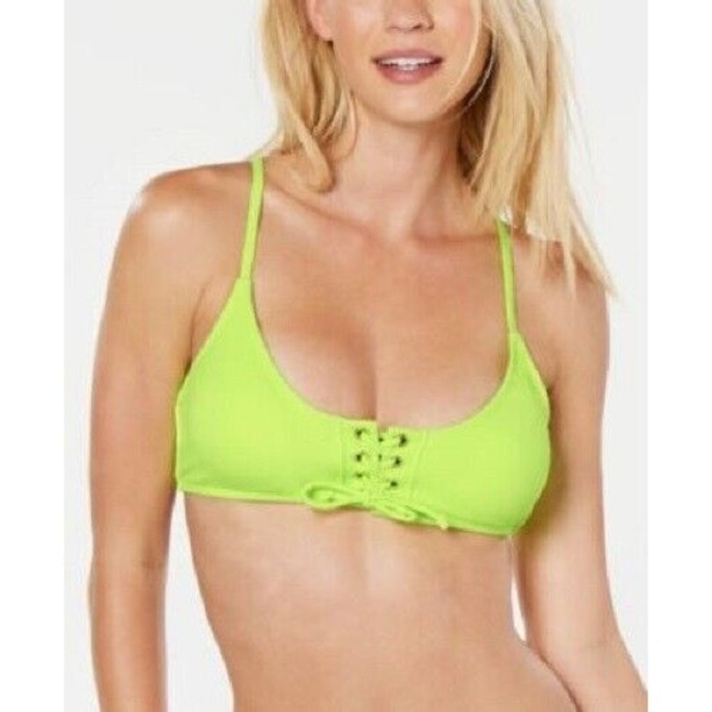 California Waves - Juniors Solid Ribbed Cross-Back Bikini Top, Lime, Medium, NWT